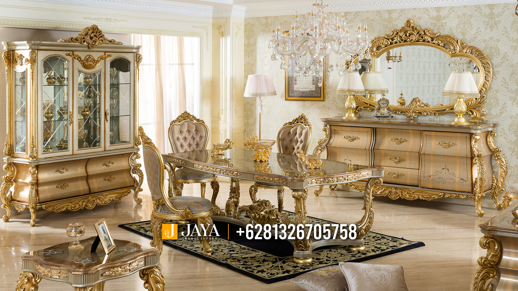 Meja Makan Mewah Luxury Carving Jepara Golden Glamours JM68