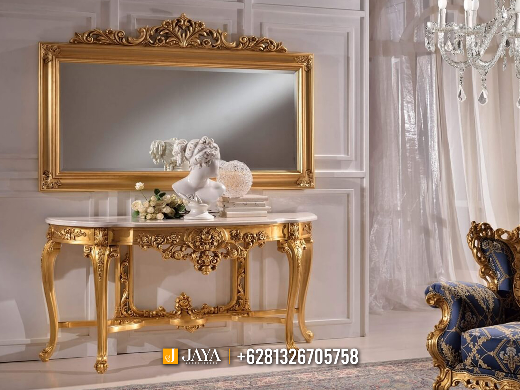 Meja Konsul Mewah Terbaru Syakila Golden Color Luxury Carving JM549