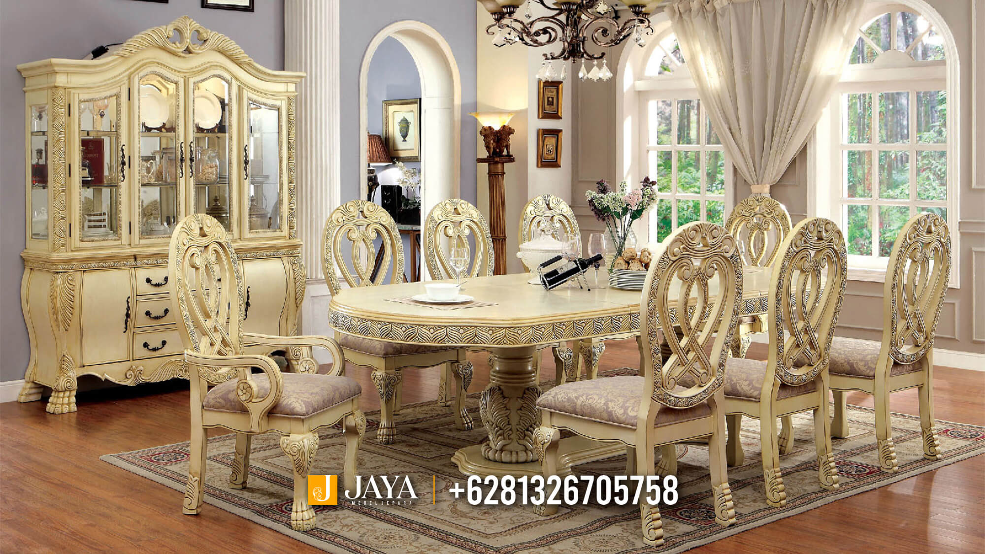 Meja Makan Mewah Set White Duco Ivory Classic Carving Luxury JM885